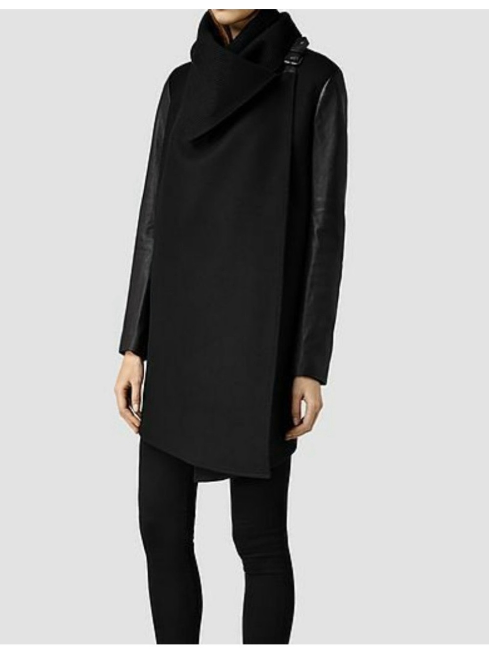 All Saints Black Asymmetrical Coat with Leather Sleeves